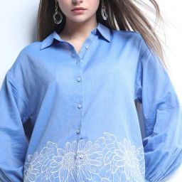 Vero Moda Blue & White Cotton Embroidered Shirt-picture-6