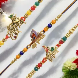 MEIRA JEWELLERY Set Of 5 Religious Mauli Thread Rakhi With Greeting Card & Roli Chawal-100