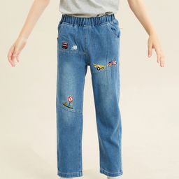 Kookie Kids Full Length Washed Jeans with Vehicles Embroidery - Blue-image-40