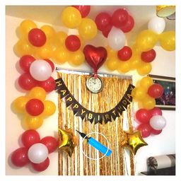 Bubble Trouble Happy Birthday Decoration Kit Combo with 1 Pc Black Birthday Banner 2 Pc Gold Star Foil Balloon 20 Pcs Red Gold White Balloons for Kids Birthday Decoration Item - Pack of 57-6