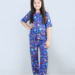 Piccolo Half Sleeves Seamless Galaxy Theme Elements Printed Night Suit With Coordinating Plush Slip Ons - Blue-image-56