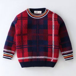 Simply Cotton Knit Full Sleeves Sweater with Checkered Design - Red & Blue-image-29