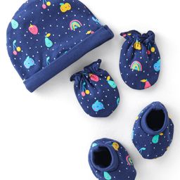 Babyhug 100% Cotton Interlock Knit Cap Mitten And Booties Set Fruits Design - Navy Blue-image-24