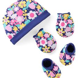 Babyhug 100% Cotton Knit Cap Mittens & Booties Set Floral Print- Navy Blue-image-25