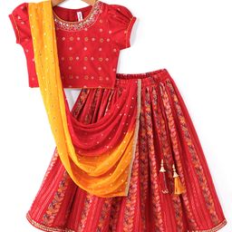 Babyhug Brocade Woven Half Sleeves Floral Embroidered  Choli Lehenga Set with Dupatta Mirror Work & Lace Detailing - Red-image-30
