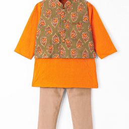 Exclusive from Jaipur Cotton Woven Full Sleeves Solid Colour Kurta Pyjama Set with Floral Printed Nehru  Jacket - Orange & Beige-image-35