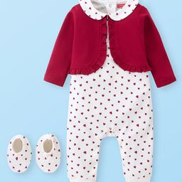 Babyhug Interlock Knit Full Sleeves Peter Pan Collor Romper With Booties Heart Print - Red-image-42