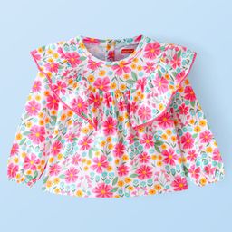Babyhug Cotton Knit Full Sleeves Top With Frill Detailing Floral Print - Pink-image-95