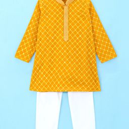 Robo Fry Woven Full Sleeves Kurta Pyjama Set with Floral Embroidery - Mustard-image-26