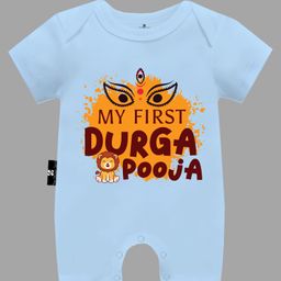 The Peppy Tend Dussehra Theme 100% Cotton Half Sleeves My First Durga Pooja Text Printed Romper -Blue-picture-22