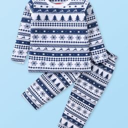 Babyhug Cotton Knit Full Sleeves Night Suit with Aztec Print -White & Blue-image-48
