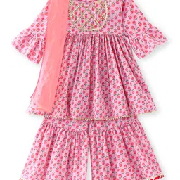 Ridokidz Full Sleeves Floral Printed Lace Embellished Kurta With Sharara & Dupatta Set - Baby Pink-picture-39