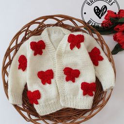 Woonie Hand Knitted Full Sleeves Bow Applique Detailed Cardigan - Cream-picture-16