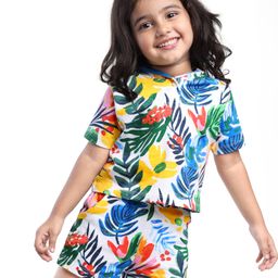 Babyhug Single Jersey Knit Half Sleeves Hooded T-Shirt & Shorts Set With Leaf Print - White-image-98