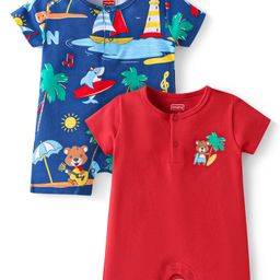 Babyhug 100% Cotton Knit Half Sleeves Rompers With Animals On Beach Print Pack of 2 - Red & Navy Blue-image-98