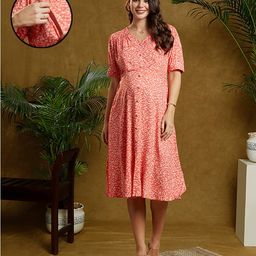MomToBe Rayon Half Sleeves Floral Printed Maternity Dress With Nursing Access - Sunkist Coral-image-100