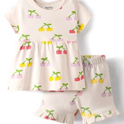 Bonfino 100% Cotton Knit Half Sleeves T-Shirt & Shorts Co-Ord Set With Cherry Print - Ivory-image-84