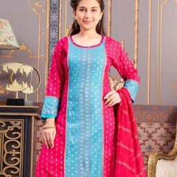 Aarika Three Fourth Sleeves Floral Printed Gota Lace Embellished Kurta - Rani & Rama-image-98