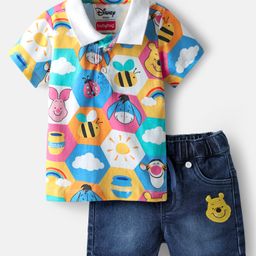 Babyhug Disney Single Jersey Knit Half Sleeves Polo T-Shirt & Denim Shorts Set with Suspender & Winnie the Pooh Graphics - Navy Blue & White-image-14