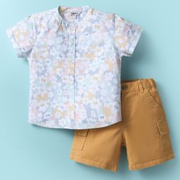 ToffyHouse Cotton Knit Half Sleeves Printed Mandarin Collar Shirt & Shorts Set - Gold-picture-7