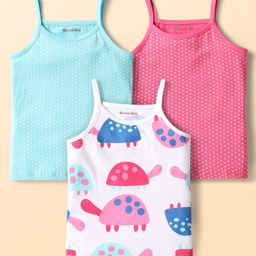 Kookie Kids Single Jersey Knit Sleeveless Slips With Polka Dots & Turtoise Print Pack of 3 - Dark Pink & Light Blue-image-77