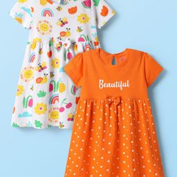 Babyhug Single Jersey Knit Half Sleeves Frocks with Butterfly & Polka Dots Print Pack of 2 - Orange & White-image-57