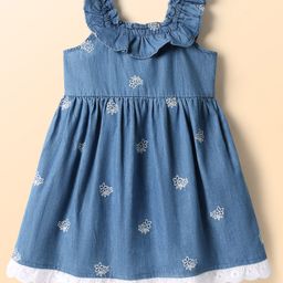 Babyhug Cotton Woven Sleeveless Frock With Floral Embroidery - Blue-picture-10