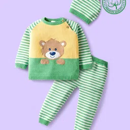 Babyhug Organic Cotton Knit Full Raglan Sleeves Sweater Set with Stripe Color Block Bear Design & Cap - Green-picture-11
