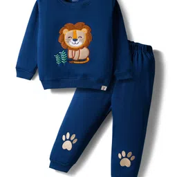 Little Darlings Fleece Knit Full Sleeves Winter Wear T-Shirt & Joggers Set With Lion Patch & Embroidery - Navy Blue-picture-17