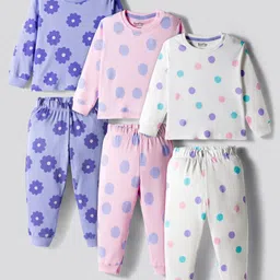 Bonfino 100% Cotton Knit Full Sleeves Co-ords Night Suit With Floral Print Pack of 3 - Lavender Light Pink & White-picture-20