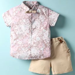 ToffyHouse Cotton Woven Half Sleeves Floral Printed Party Shirt & Shorts With Bow & Suspender - Pink-picture-13