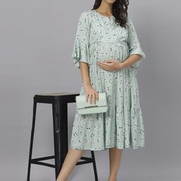 Mammas Maternity Ethnic Motifs Print Keyhole Neck Bell Sleeve Maternity A-Line Midi Dress-image-49