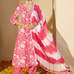 BANDIA Women Printed Regular Thread Work Pure Cotton Kurta with Trousers & With Dupatta-image-46