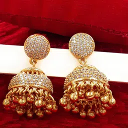 Anujeet Fashion Hub Gold-Plated American Diamond Studded & Beaded Dome Shaped Jhumkas-picture-10