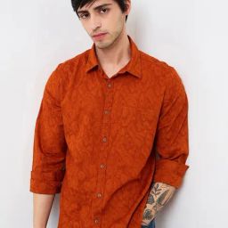 Spykar Orange 100% Cotton Slim Print Shirt-image-43