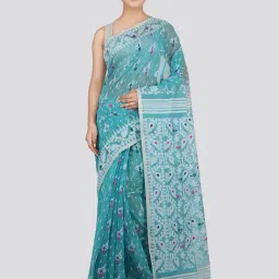 Pinkloom Turquoise & White Cotton Woven Saree-image-72