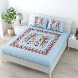 Living Roots Blue & Red Cotton 180 TC Super King Bedsheet with 2 Pillow Covers-image-2