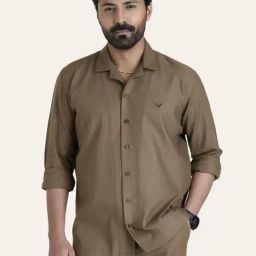 Perch Brown Cotton Linen Relaxed Fit Shirt-image-72