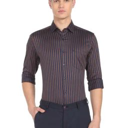 Arrow Brown & Navy Cotton Regular Fit Striped Shirt-image-67