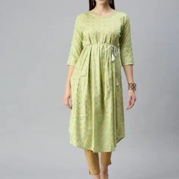 SHOWOFF Green Cotton Printed Calf Length A Line Kurta-image-73
