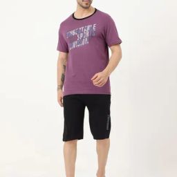 Masculino Latino Purple & Black Regular Fit Printed Nightwear Set-image-59
