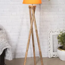 Homesake 'Tripod' Orange & Brown Wood Cross-Leg Floor Lamp With Shade & Bulb - Set of 1-12