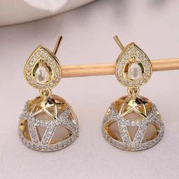 NVR Gold Plated AD Studded Jhumki Earrings-image-5