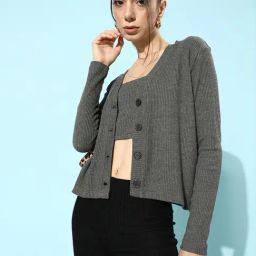 KASSUALLY Grey Cotton Textured Cardigan-image-36