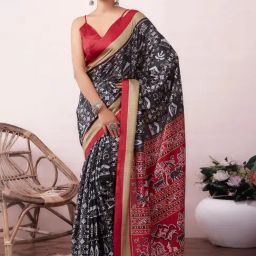 Satrani Black & Red Printed Saree With Unstitched Blouse-picture-1