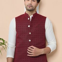 See Designs Woven Mandarin Collar Neck Design Nehru Jacket-19