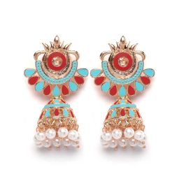 Karatcart Rose Gold-Plated Red And Light Blue Meena Jhumki Earrings for Women image 4