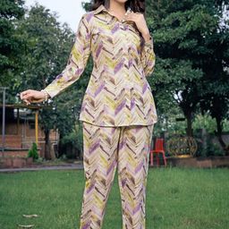 NAINVISH Chevron Printed Shirt Collar Long Sleeves Shirt With Trouser-image-32