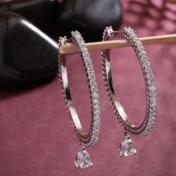 NVR Silver Toned AD Studded Handcrafted Circular Hoop Earrings-55