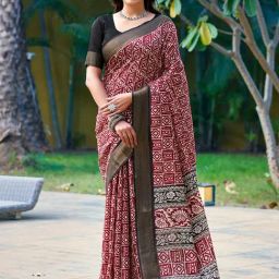 Satrani Maroon Cotton Blend Printed Saree With Unstitched Blouse-image-42